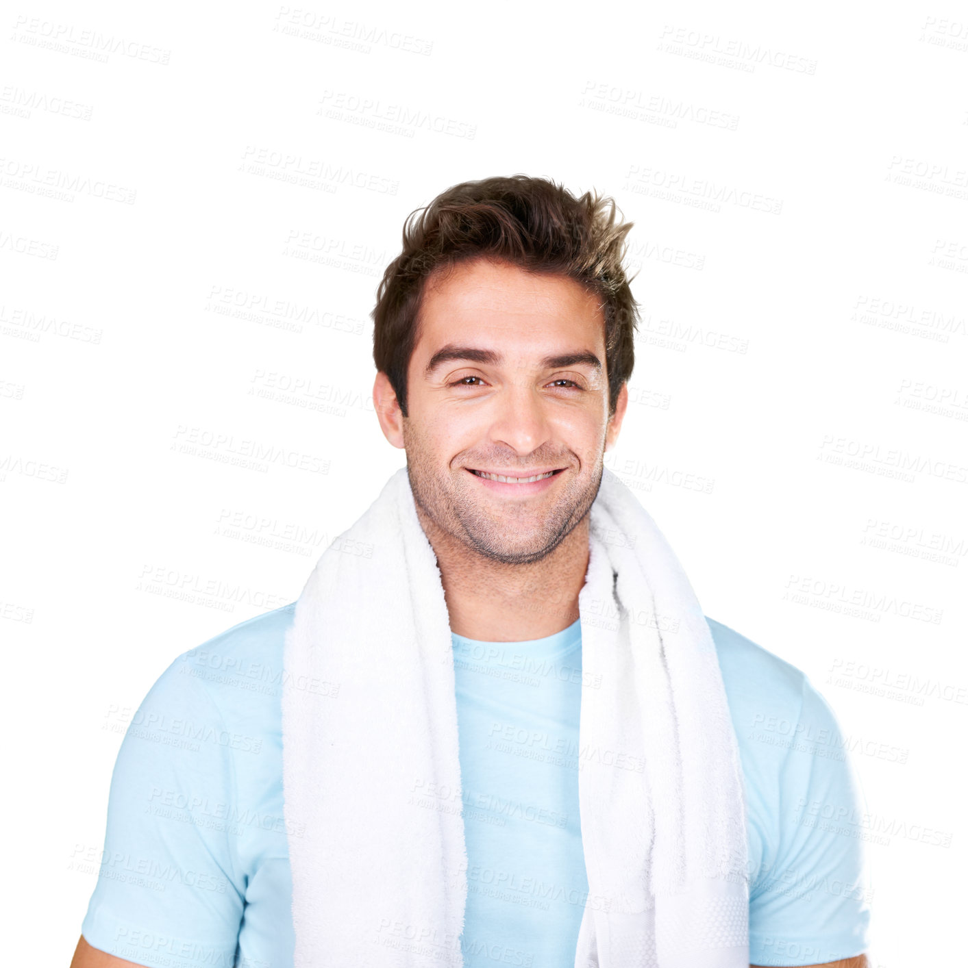 Buy stock photo Man, fitness and smile with towel in portrait for wellness, motivation and training for mindset. Male model, pride or happy on isolated or a transparent png background for exercise, nutrition or diet