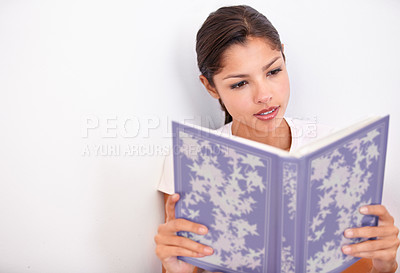 Buy stock photo Woman, relaxing and reading book for literature, knowledge and fantasy novel or information at home. Female person, student and story for education and comfortable, mockup space and studying page