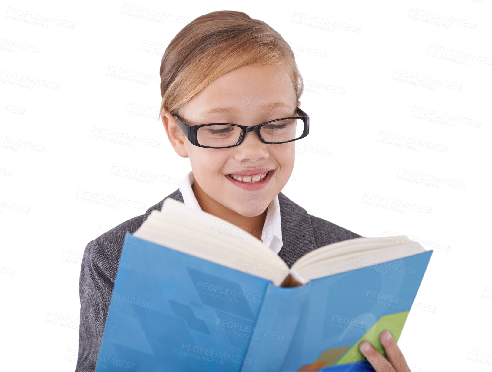 Buy stock photo Girl, child and reading book for studying in studio, learning and fantasy fiction novel on white background. Female person, story and information for imagination development, education and literacy