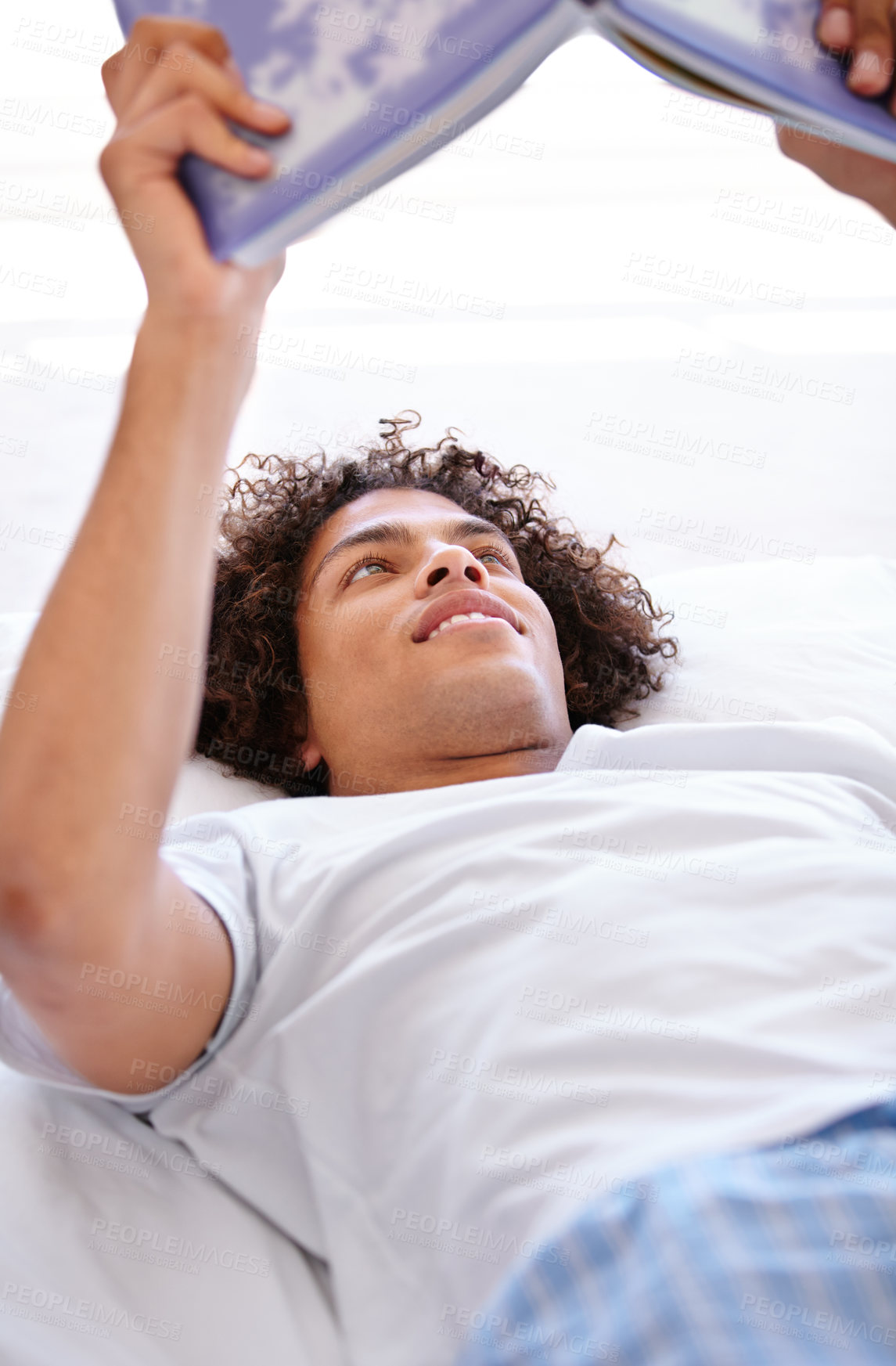 Buy stock photo Man, relaxing and reading book for literature, knowledge and fantasy novel or information at home. Male person, student and story for education and cozy in bed, learning and studying fiction page