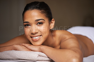 Buy stock photo Happy woman, portrait or massage in hotel to relax for zen resting or wellness physical therapy in luxury resort. Face of girl smiling in salon for body healing treatment or natural holistic detox 