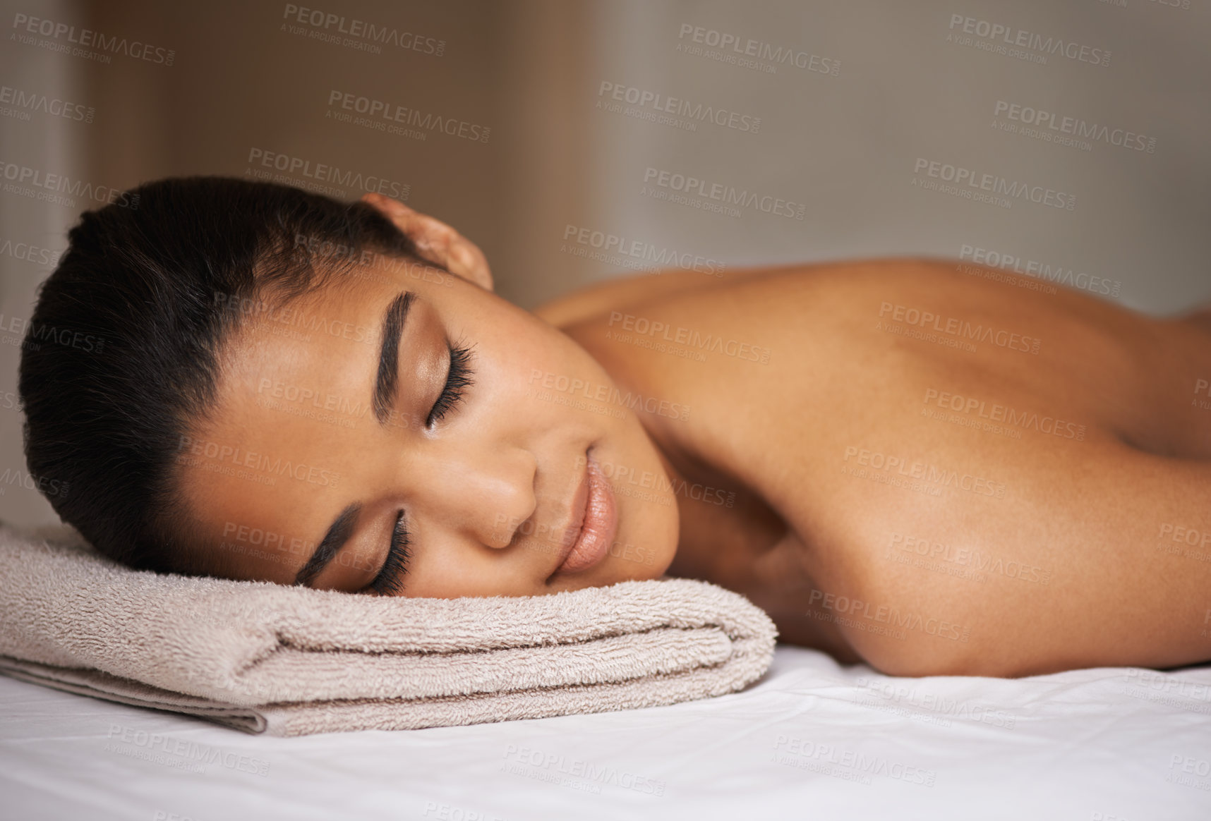 Buy stock photo Girl, massage or sleeping relax for zen resting, wellness or natural physical therapy in luxury hotel spa resort. Calm woman in salon to exfoliate for body healing treatment or holistic detox therapy