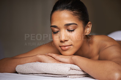 Buy stock photo Girl, eyes closed or massage in hotel to relax for zen resting or wellness physical therapy in luxury spa resort. Face of woman sleeping in salon for body healing treatment or natural holistic detox 