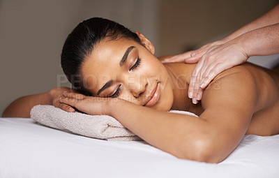 Buy stock photo Woman, sleeping or hands for back massage in hotel to relax for zen resting or wellness physical therapy. Face of girl in salon spa for body healing treatment or natural holistic detox by masseuse