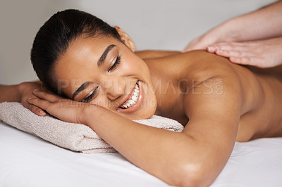 Buy stock photo Happy woman, sleeping or hands for back massage in hotel to relax for zen resting or wellness physical therapy. Smile or girl in salon for body healing treatment or natural holistic detox by masseuse