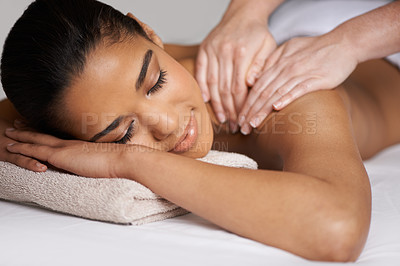 Buy stock photo Woman, eyes closed or hands for back massage in hotel to relax for zen resting or wellness physical therapy. Face of girl in salon spa for body healing, sleeping or natural holistic detox by masseuse