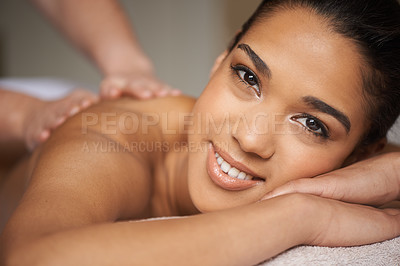 Buy stock photo Happy woman, portrait or massage in spa to relax for zen resting or wellness physical therapy in luxury resort. Face of girl smiling in salon for body healing treatment or natural holistic detox 