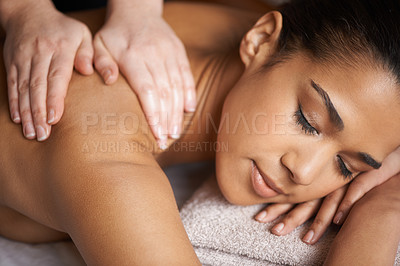 Buy stock photo Woman, sleeping or hands for back massage in spa to relax for zen resting or wellness physical therapy. Face of girl in hotel salon for body healing treatment or natural holistic detox by masseuse 