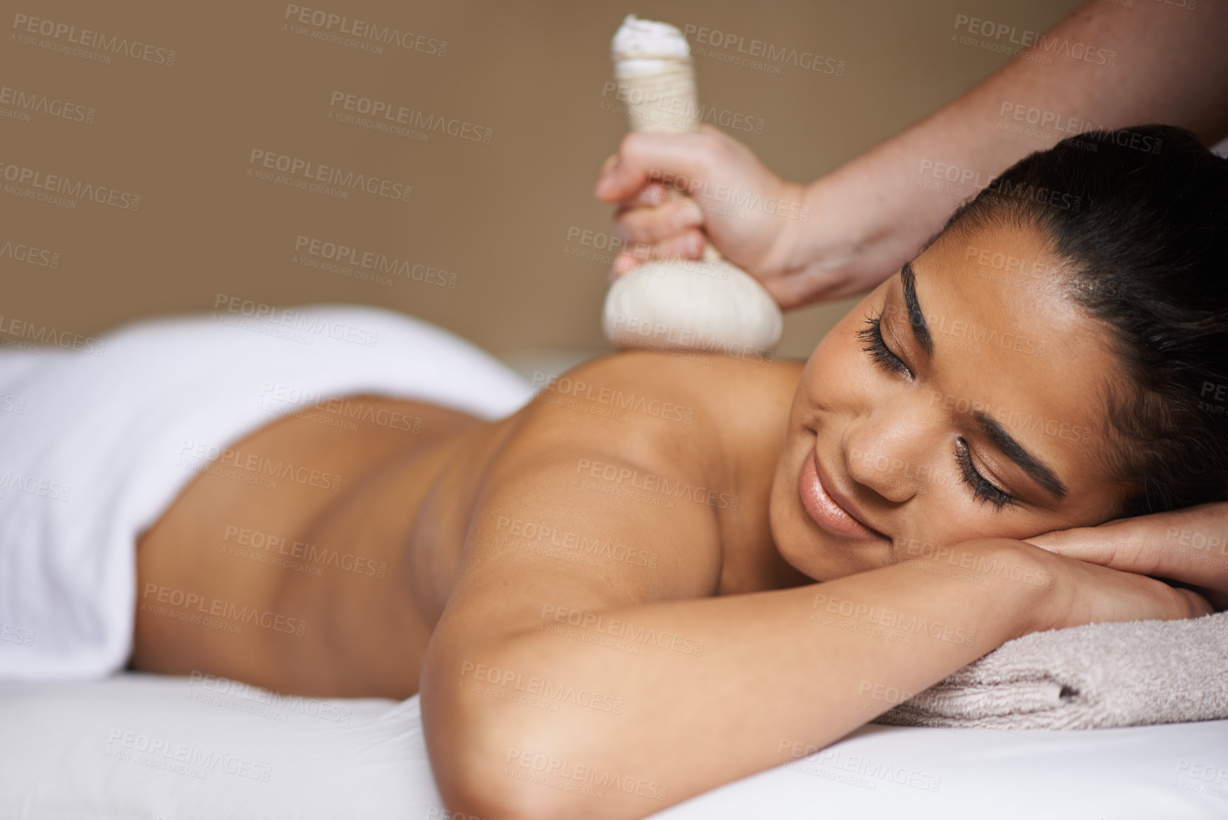 Buy stock photo Girl, hot balls or hands for back massage in salon to relax for zen resting or wellness in physical therapy healing. Woman in spa for sleeping or natural holistic body detox by masseuse to compress