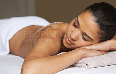 Buy stock photo Woman sleeping, body scrub or back massage to relax for zen resting or wellness physical therapy in spa. Eyes closed or girl client in salon to exfoliate for luxury skincare treatment for beauty 
