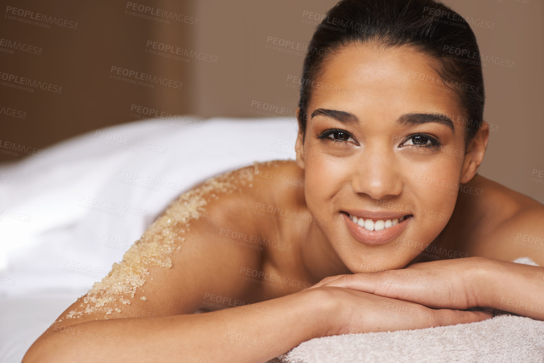 Buy stock photo Portrait of woman smiling, body scrub or massage to relax for zen resting or wellness physical therapy in spa. Smile or happy girl client in salon to exfoliate for luxury skincare treatment or beauty