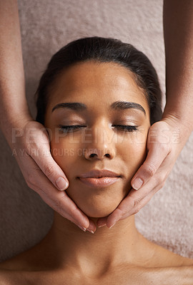 Buy stock photo Woman sleeping, hands or head massage to relax for zen resting or wellness physical therapy in spa. Above face of girl in salon to exfoliate for facial healing treatment, beauty or holistic detox