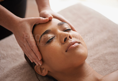 Buy stock photo Girl, hands or head massage to relax in spa for zen resting, sleeping wellness or luxury physical therapy. Face of woman in salon to exfoliate for facial healing treatment, beauty or holistic detox