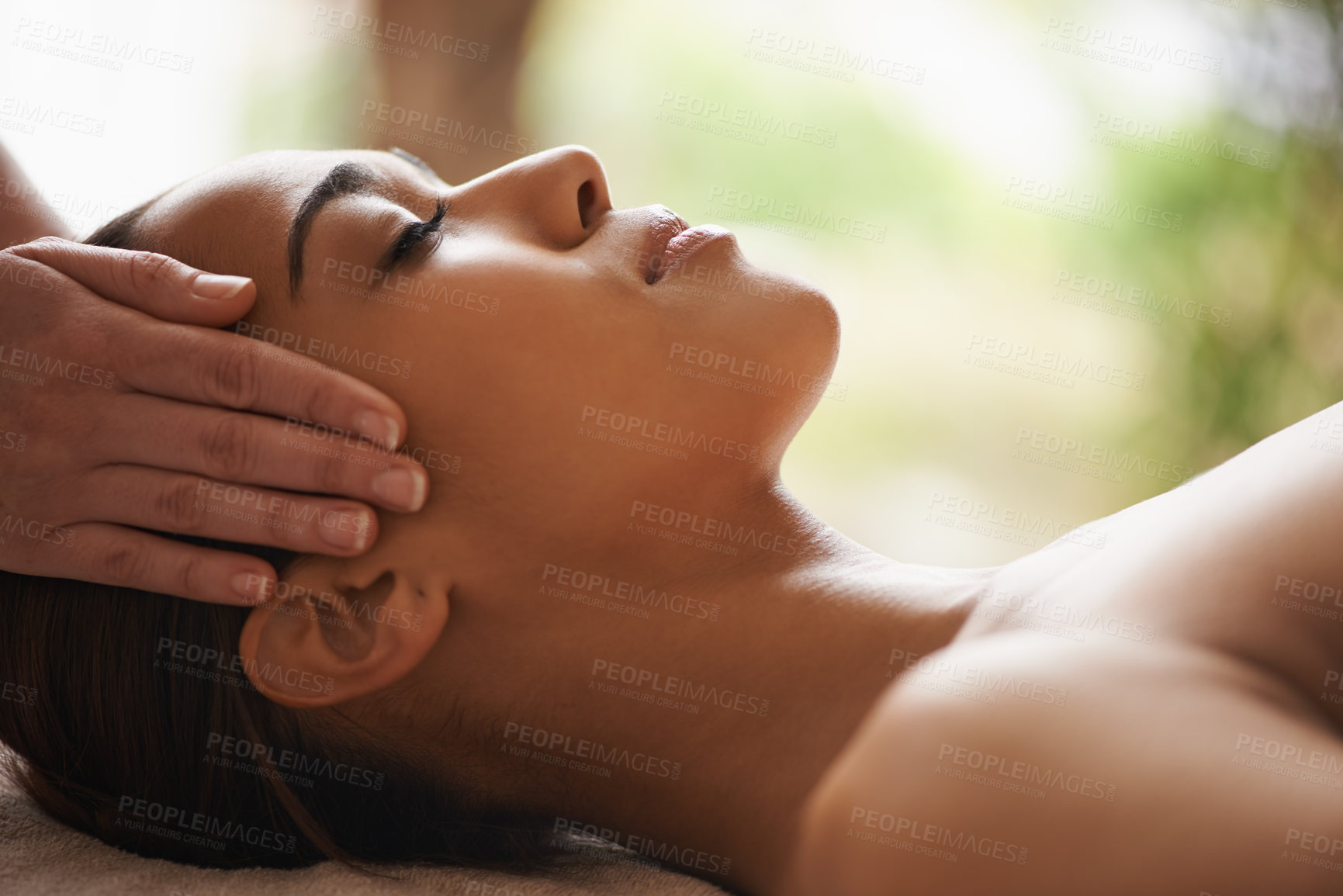 Buy stock photo Woman, hands or head massage to relax in spa for zen resting, sleeping wellness or luxury physical therapy. Face of girl in salon to exfoliate for facial healing treatment, beauty or holistic detox