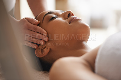 Buy stock photo Woman, hands or head massage in spa for zen resting, sleeping wellness or relaxing physical therapy. Calm, eyes closed or girl in salon to exfoliate for facial healing treatment, beauty or detox