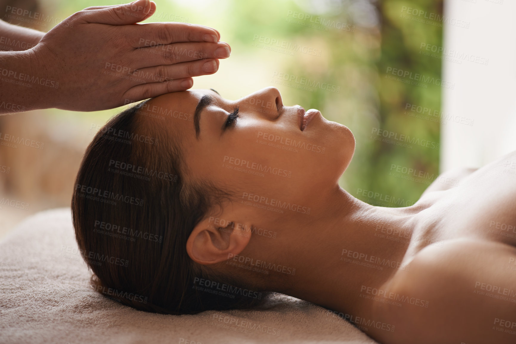 Buy stock photo Girl, hands or head massage in spa hotel for zen resting, sleeping wellness or relaxing physical therapy. Calm, eyes closed or woman in beauty salon to exfoliate for facial healing treatment or detox