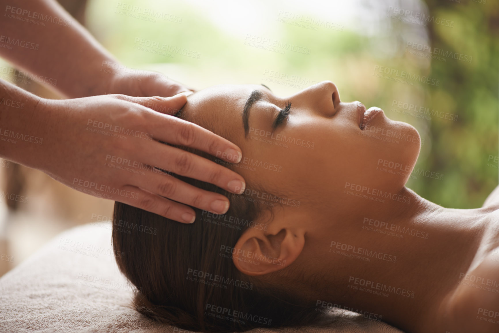 Buy stock photo Girl, hands or head massage in hotel spa for zen resting, sleeping wellness or relaxing physical therapy. Calm, eyes closed or woman in beauty salon to exfoliate for facial healing treatment or detox