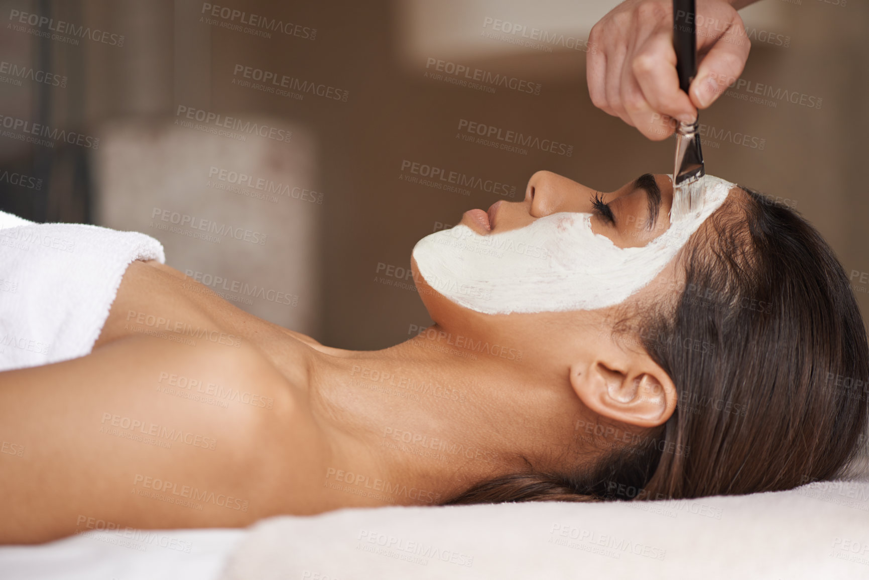 Buy stock photo Skincare, clay and woman with face mask at spa for glow, wellness and beauty routine with self care. Cosmetic, pamper and female person relaxing for natural facial dermatology treatment at salon.