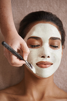 Buy stock photo Skincare, smile and woman with face mask at spa for glow, wellness and beauty routine with self care. Cosmetic, natural and female person relaxing for clay facial dermatology treatment at salon.