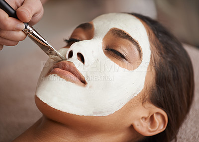 Buy stock photo Skincare, brush and woman with face mask at spa for glow, wellness and beauty routine with self care. Cosmetic, natural and female person relaxing for clay facial dermatology treatment at salon.