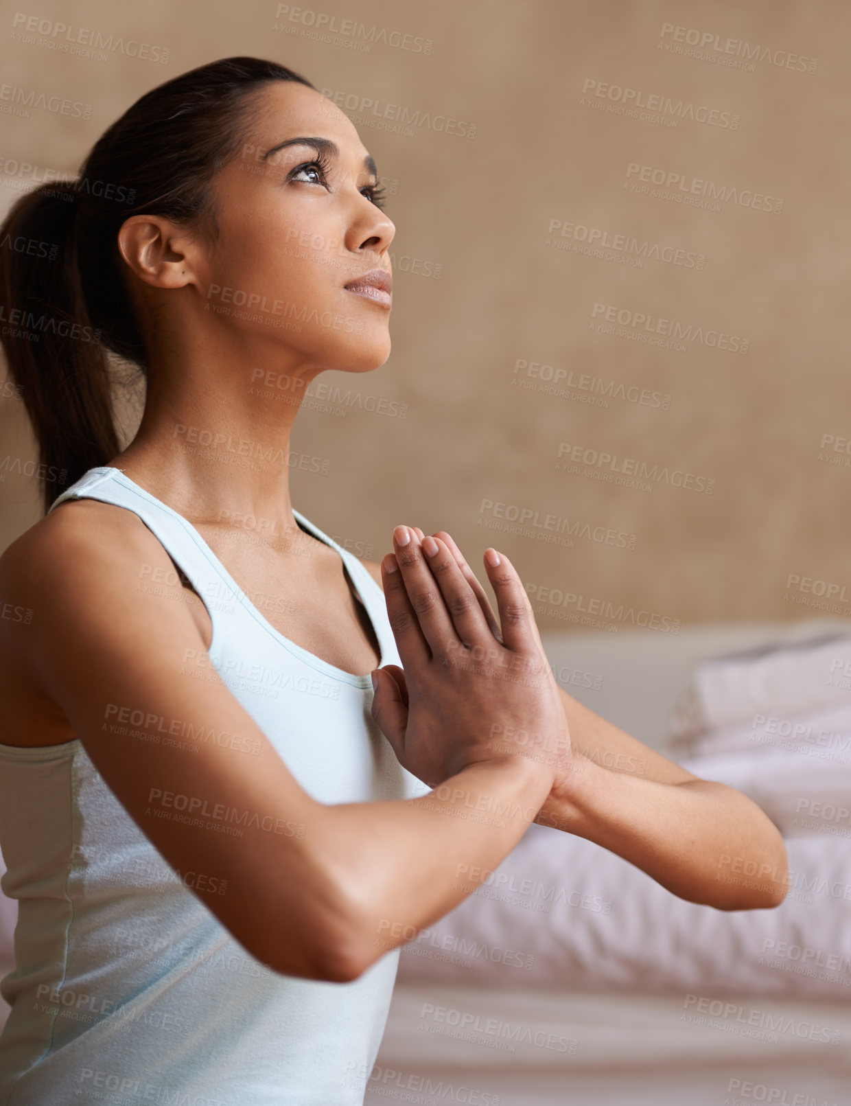 Buy stock photo Yoga, meditation and woman in home thinking for training, exercise and balance for zen mindset. Fitness, mental health and person with prayer hands for wellness, mindfulness or pilates in living room
