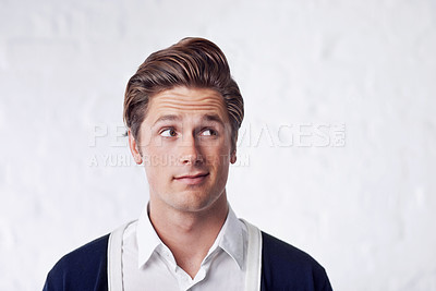 Buy stock photo Confused, thinking and man with why, questions or brainstorming, asking or opinion choice on wall background. Doubt, consider and male person with problem solving, memory or guess emoji for solution