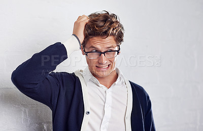 Buy stock photo Business, stress and frustrated man with hands in hair for crisis, disaster or panic on wall background. Doubt, overthinking and male entrepreneur with startup risk, fail or bankruptcy and anxiety
