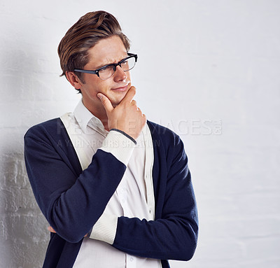 Buy stock photo Man, thinking and glasses for fashion and vision, eye care and future with designer frame on white background. Cosmetic, casual clothes with spectacles for insight and question with prescription lens