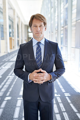 Buy stock photo Serious, office and portrait of business man in hallway for growth, pride and confident mindset for company. Corporate manager, professional and person in workplace for career, job and opportunity