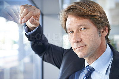 Buy stock photo Window, office and portrait of business man in building for thinking, pride and confident mindset for company. Corporate manager, professional and person in workplace for career, job and opportunity