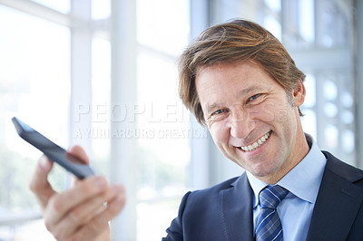 Buy stock photo Cellphone, office and portrait of business man by window for social media, phone call and connection. Corporate worker, professional and person with tech for online search, website and internet