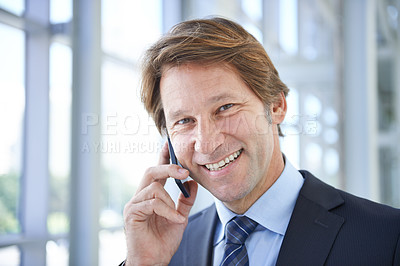 Buy stock photo Phone call, office and portrait of business man in discussion, talking and conversation in lobby. Corporate worker, professional and person on cellphone for networking, contact and communication
