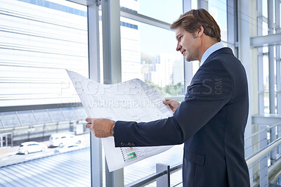 Buy stock photo Blueprint, architecture and business man in office with papers for planning, building project and ideas. Engineering, contractor and person with documents, remodelling and drawing for floor plan
