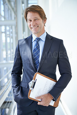 Buy stock photo Clipboard, office and portrait of business man in corridor with documents, paperwork and contract. Professional, corporate lawyer and person with papers for planning, notes and project management
