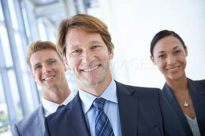 Buy stock photo Corporate team, office and portrait of business people for pride, confidence and collaboration in hallway. Professional lawyers, diversity and men and woman for partnership, leadership and about us