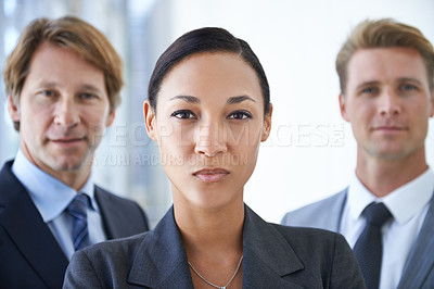 Buy stock photo Teamwork, serious and portrait of business people in office for pride, confidence and collaboration. Corporate lawyers, professional career and men and woman for partnership, leadership or management