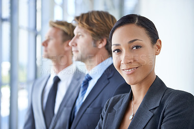 Buy stock photo Teamwork, lawyer and portrait of business people in office for legal company, leadership and collaboration. Corporate attorney, professional career and men and woman for partnership, law firm or work