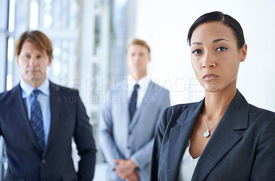 Buy stock photo Teamwork, corporate and portrait of business people in office for pride, confidence and collaboration. Serious lawyers, professional career and men and woman for partnership, leadership or management