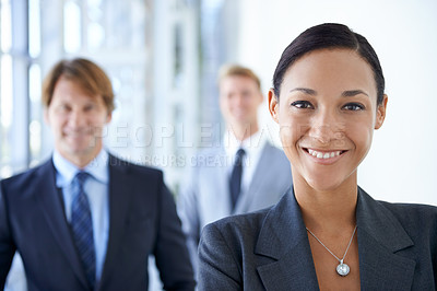 Buy stock photo Teamwork, woman and portrait of business people in office for legal company, consulting or collaboration. Corporate lawyer, professional attorney and men and woman for partnership, law firm or career