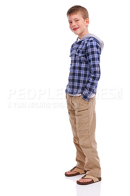 Buy stock photo Fashion, young and portrait of a child with clothes for style isolated on a white background in studio. Cool, trendy and boy model with stylish and fashionable clothing on a studio background