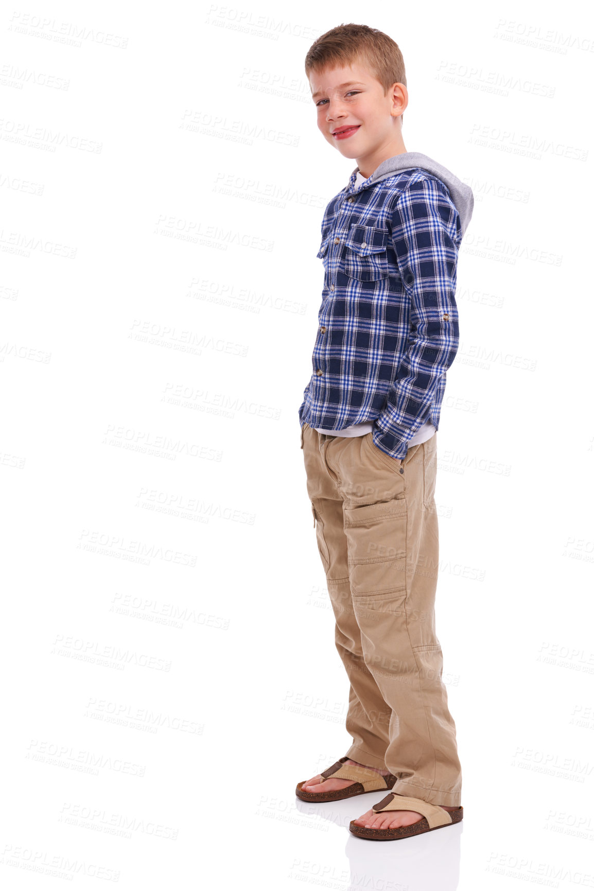 Buy stock photo Fashion, young and portrait of a child with clothes for style isolated on a white background in studio. Cool, trendy and boy model with stylish and fashionable clothing on a studio background