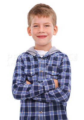 Buy stock photo Arms crossed, smile and portrait of a child with pride isolated on a studio background. Happy, fashion and stylish boy model with confidence, happiness and young on a white background in studio