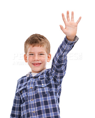 Buy stock photo Raise hand, happy and portrait of a boy in a studio with a question, answer or high five. Happiness, smile and cheerful child with casual, natural and cool kids clothes isolated by a white background