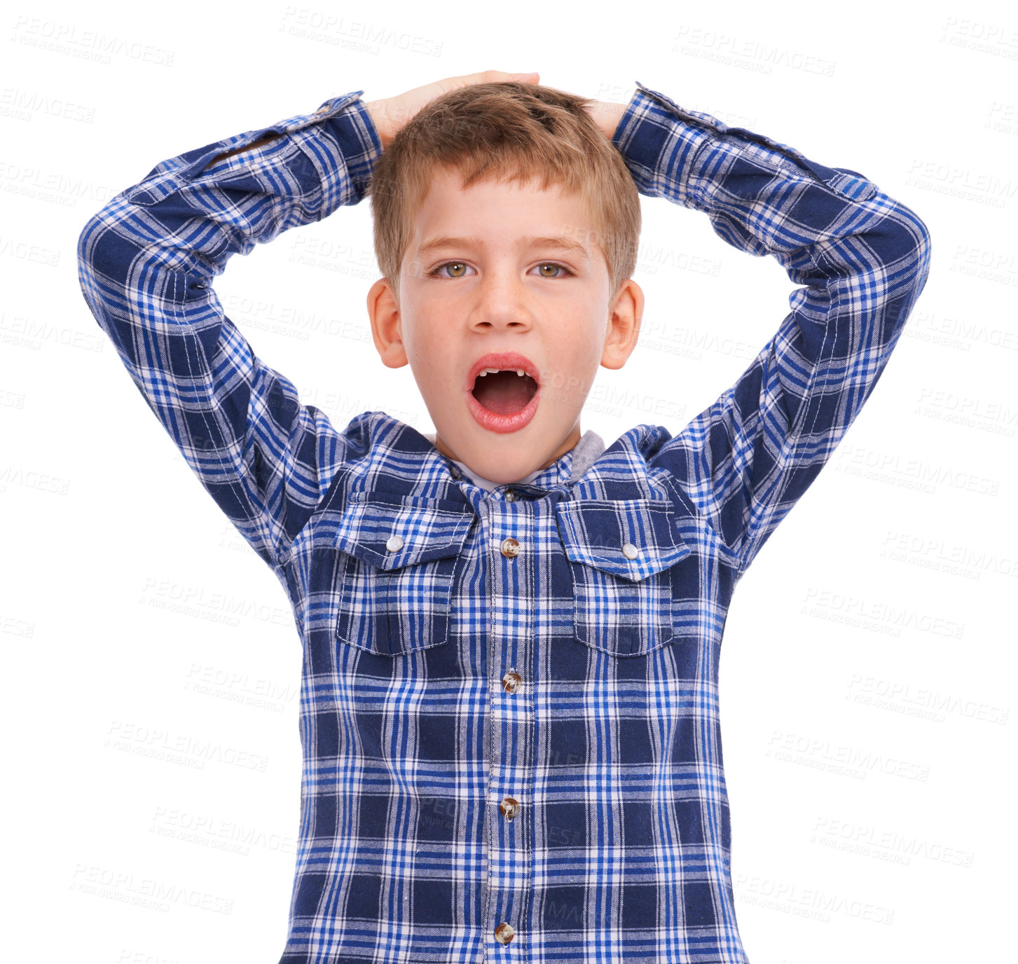 Buy stock photo Surprise, shock and portrait of a boy with hands on head with isolated white background. Child, kid and youth of a young person in casual clothes surprised and shocked alone with mockup and wow face