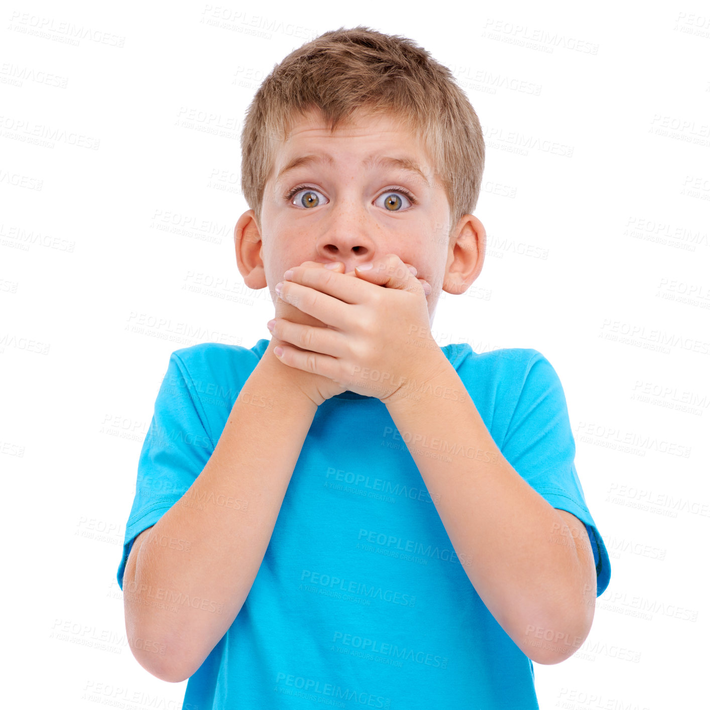 Buy stock photo Shock, surprise and boy child in a studio with a wow or omg facial expression with his hands on his mouth. Shocked, news and portrait of a surprised young kid model isolated by a white background.