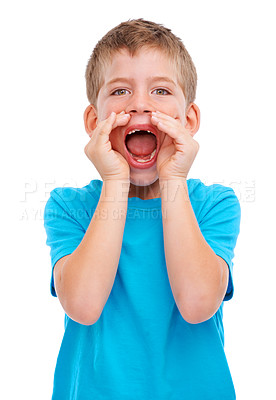 Buy stock photo Young boy, shouting face and hands shocked for happy surprise, good news or excited in white background. Child, screaming portrait and mouth wow for announcement or crazy standing isolated in studio