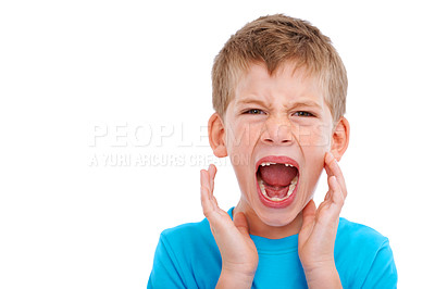 Buy stock photo Frustrated kid, studio portrait and shouting with anger facial expression by white background for mental health. Boy child, crying and isolated with frustrated emotion, adhd and autism in childhood