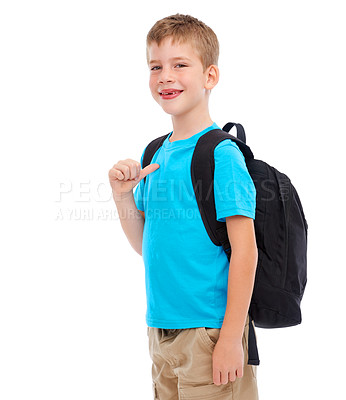 Buy stock photo Backpack, happy and boy child in a studio with a casual, cool and natural outfit for back to school. Happiness, smile and portrait of a kid with a bag and stylish clothes isolated by white background