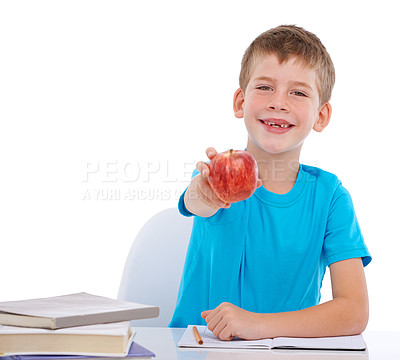 Buy stock photo Education books, child portrait and apple for health nutrition, studio learning or school math homework. Nutritionist food, student study snack and kid boy show fruit isolated on white background