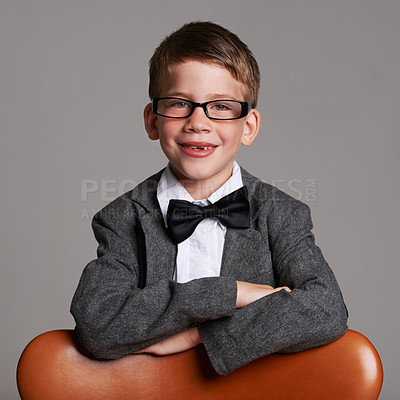 Buy stock photo Studio shot of a cute young boy wearing a retro suit against a grey background